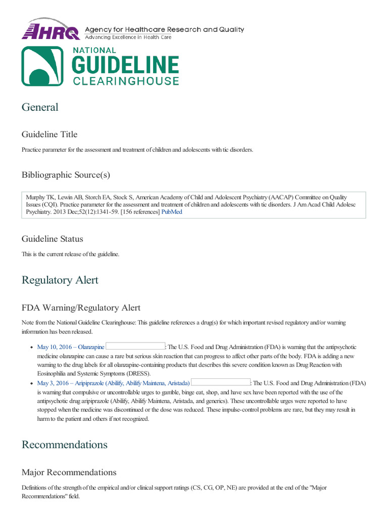 Tic Disorders in Children: Assessment & Treatment | PDF | Tourette ...