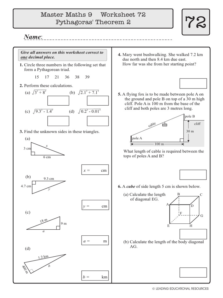 Pythagorean Theorem Worksheet 72 | PDF | Length | Elementary Geometry