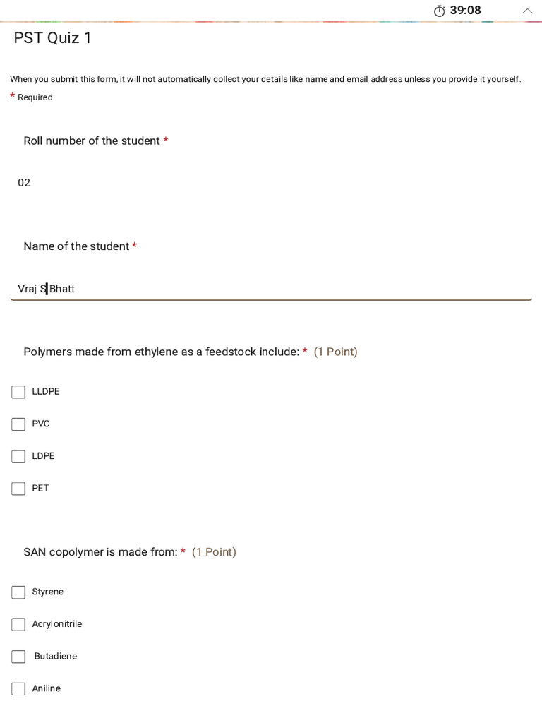 PST Quiz 1 | PDF | Polymers | Biopolymer