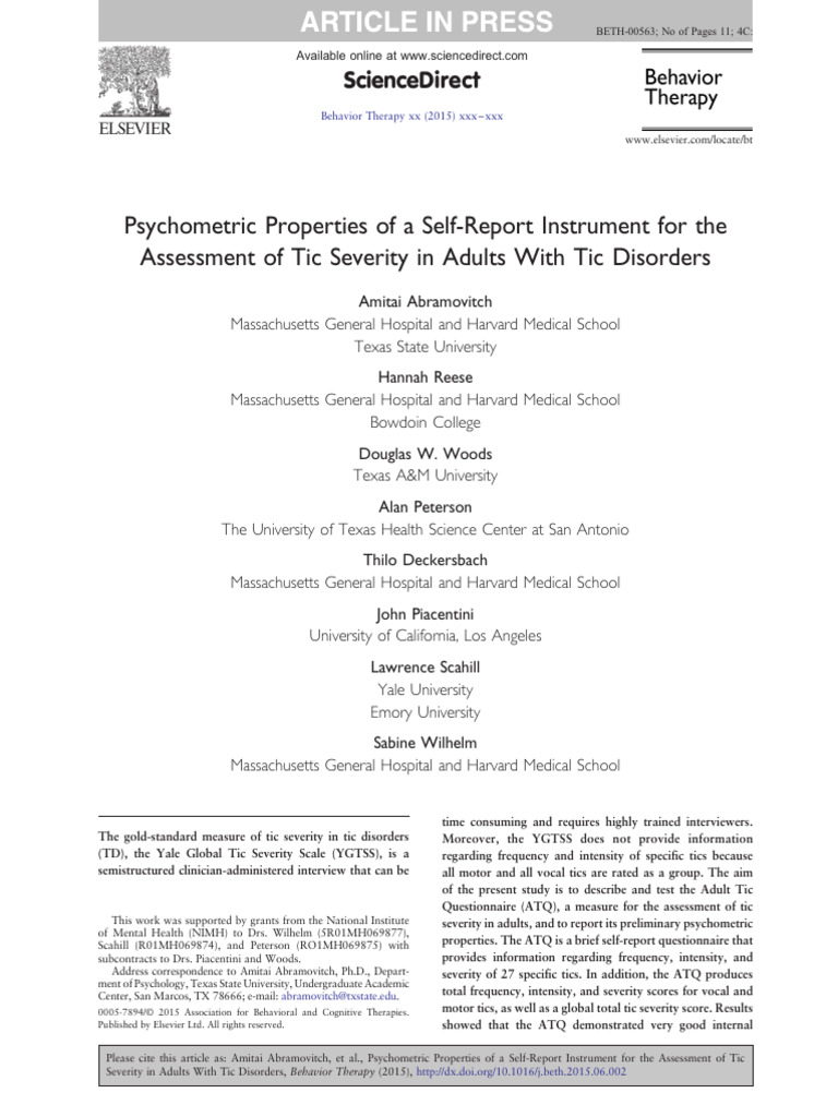 Adult Tic Questionnaire: Psychometric Insights | PDF | Tourette ...
