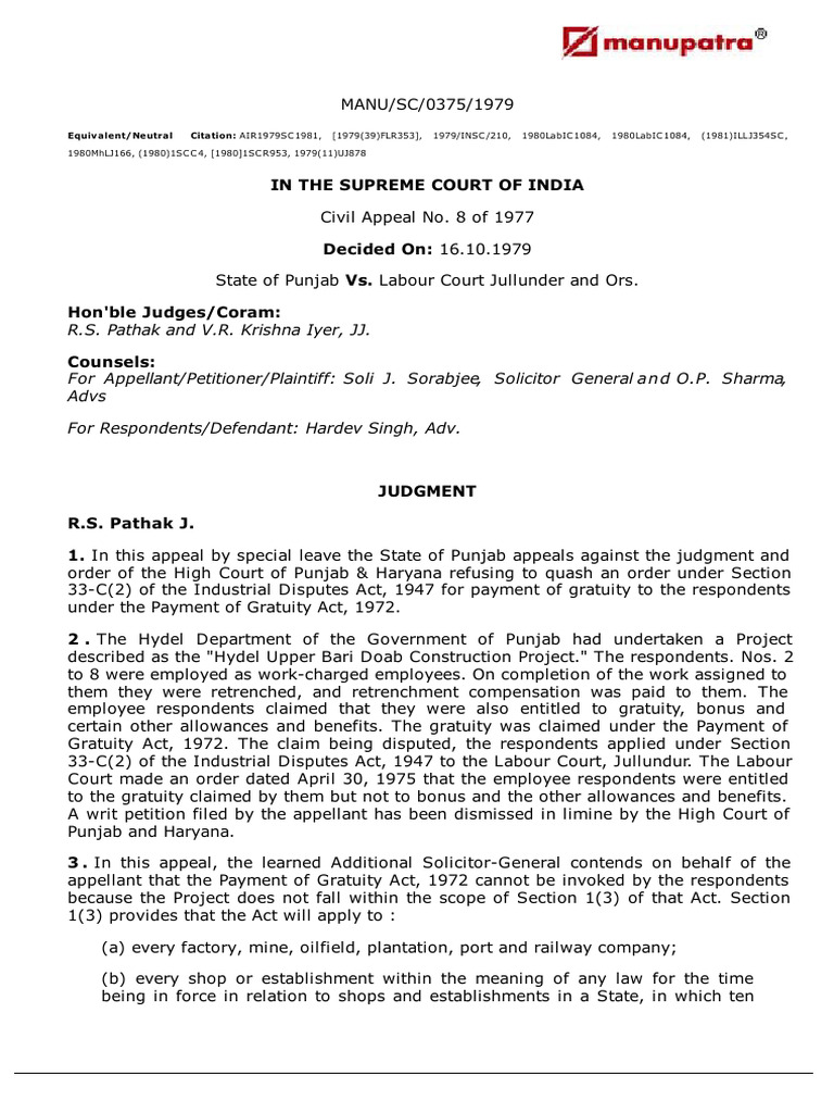 Punjab Gratuity Case: Supreme Court Ruling | PDF | Employment | Appeal