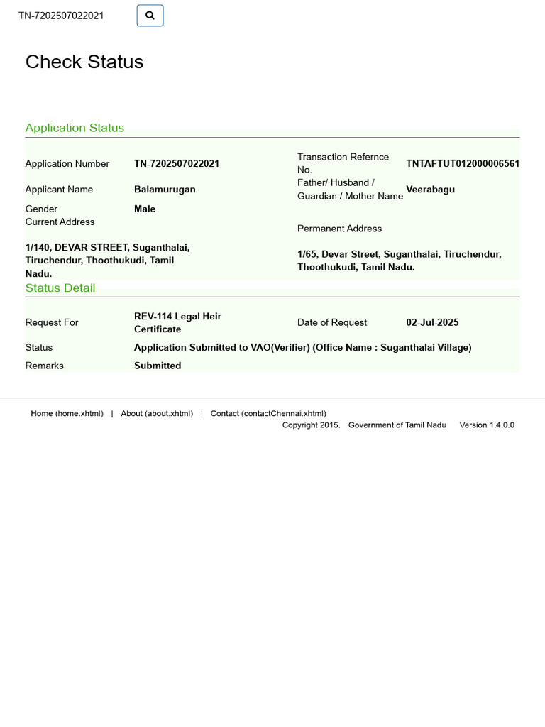 Legal Heir Certificate Status TN-7202507 | PDF