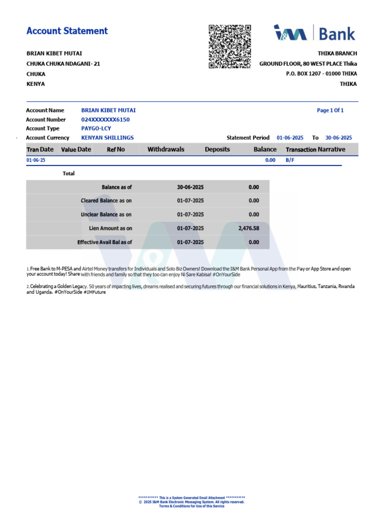I&M Bank Account Statement June 2025 | PDF