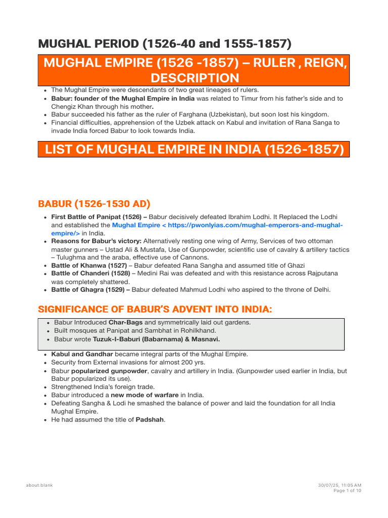 Reign of Mughals | PDF | Mughal Empire
