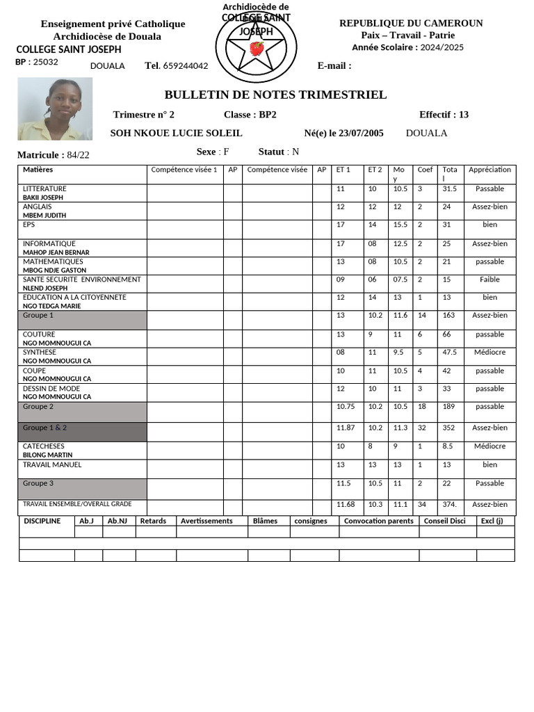Bulletin de notes BP2 Douala 2024 | PDF