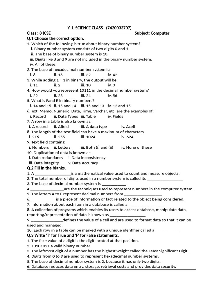 ICSE Class 8 Computer Quiz Questions | PDF | Table (Database) | Numbers
