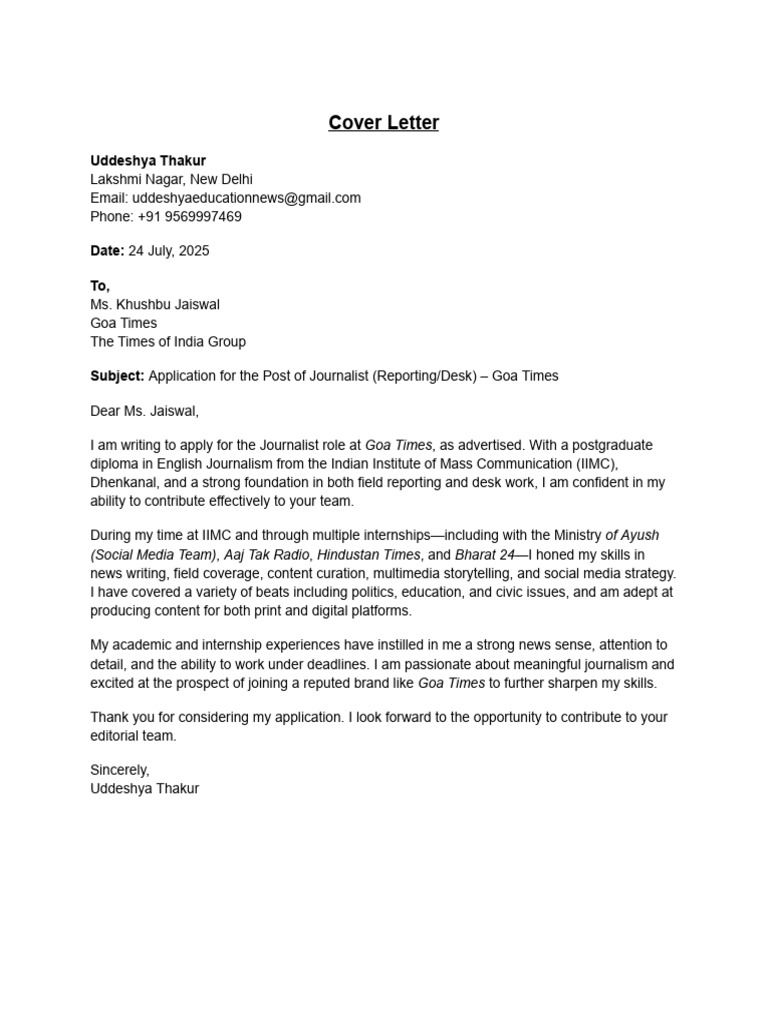 Application for Goa Times Journalist Role | PDF