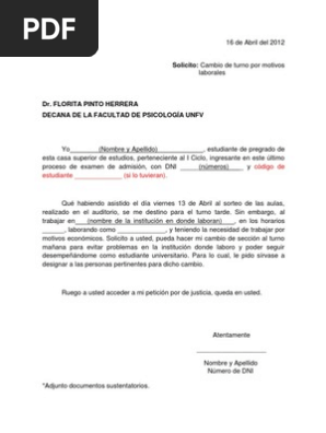 Carta De Solicitud De Cambio De Turno Laboral Compartir Carta