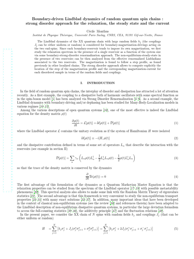 Lindblad Dynamics in Random Spin Chains | PDF | Physics | Theoretical ...
