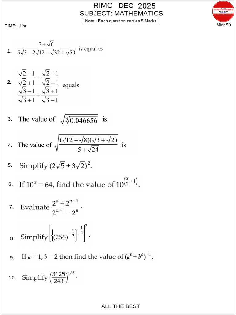 Math Test - 3 Rimc Dec 2025 | PDF