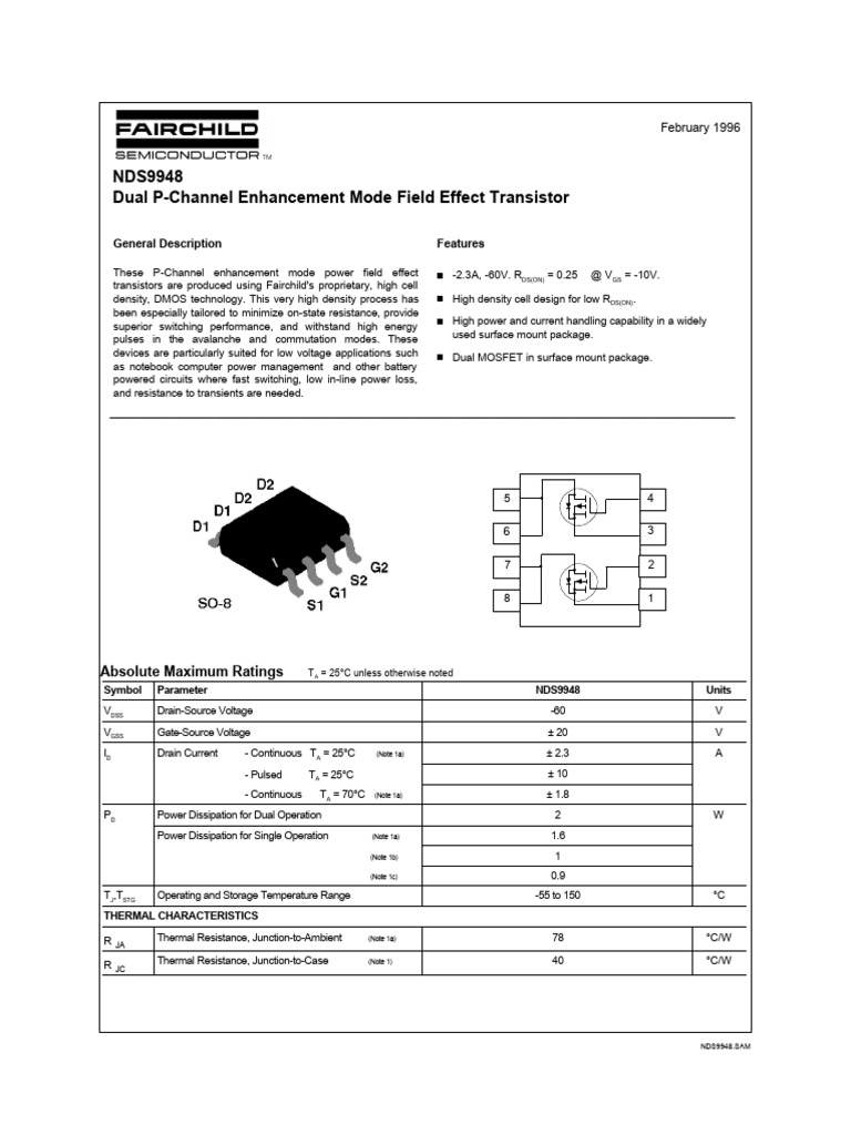 NDS9948 MOSFET Datasheet Overview | PDF | Field Effect Transistor | Mosfet
