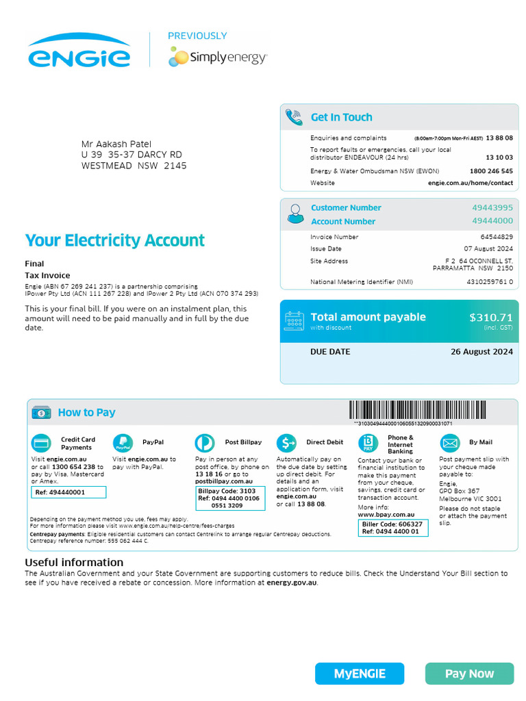 Engie Final Energy Invoice Sample | PDF | Debit Card | Payments