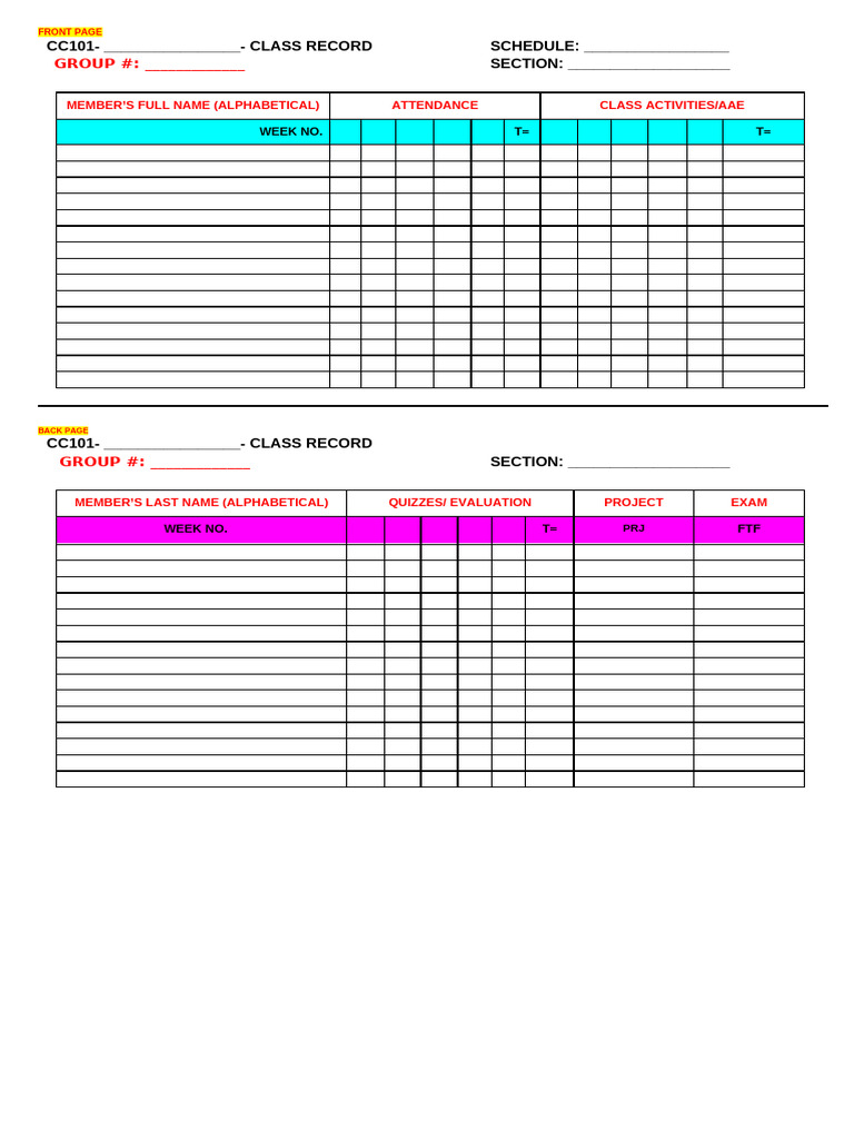 Class Record Index Format | PDF