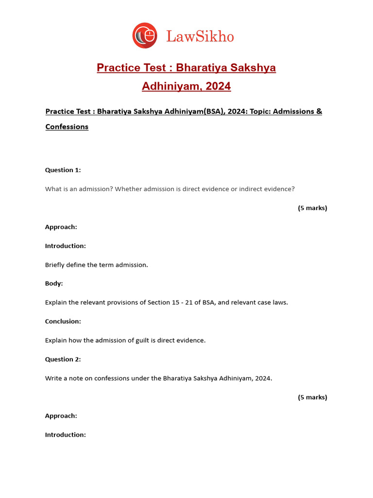 Practice Test - Bharatiya Sakshya Adhiniyam (BSA), 2024 - Topic ...
