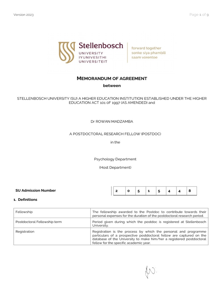 Stellenbosch Postdoctoral Agreement 2025 | PDF | Fellow | Sick Leave
