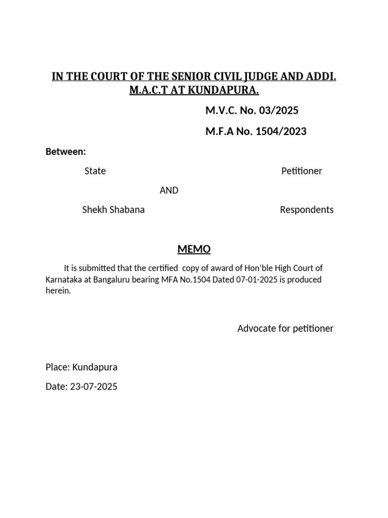 Karnataka High Court Award Memo | PDF