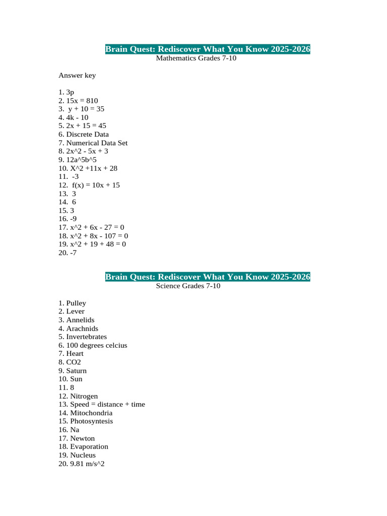 Brain Quest Answer Key 2025-2026 | PDF
