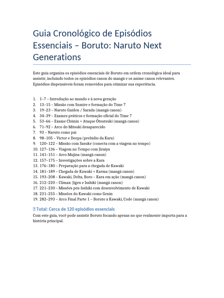 Guia Cronologico Episodios Essenciais Boruto | PDF