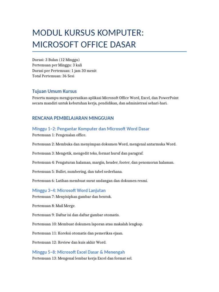 Modul Kursus Microsoft Office 3 Bulan | PDF