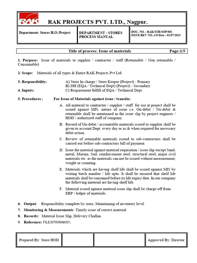 Sop Issuing of Material Process - Rak - July2025 | PDF
