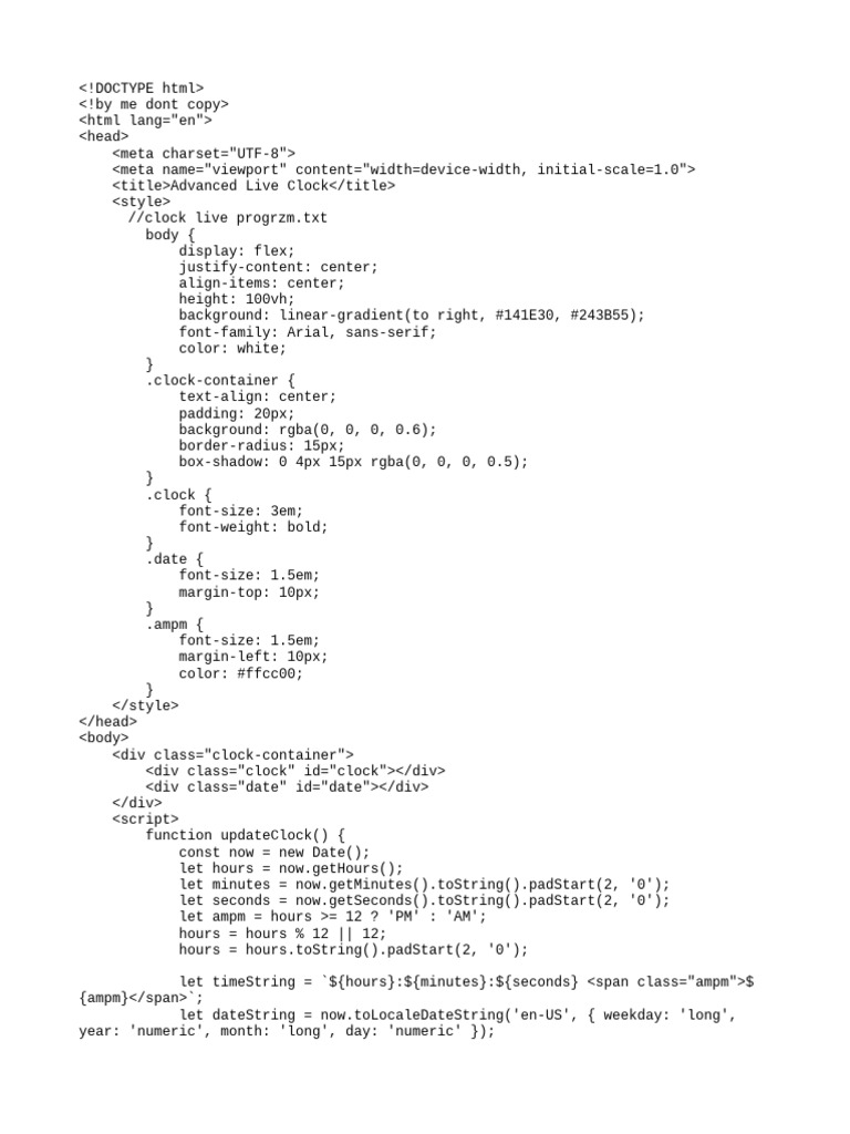 Advanced Live Clock HTML Example | PDF
