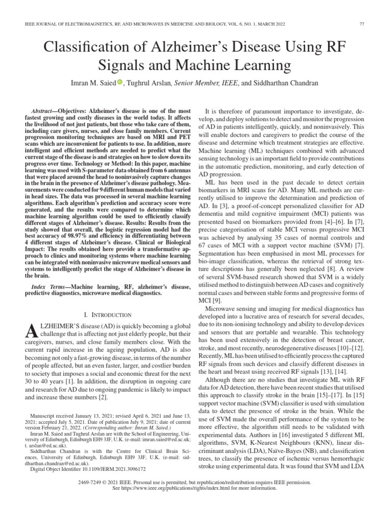 Classification of Alzheimers Disease Using RF Signals and Machine ...