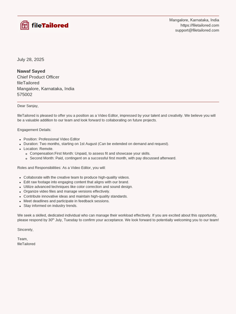 Video Editor Position Offer at fileTailored | PDF