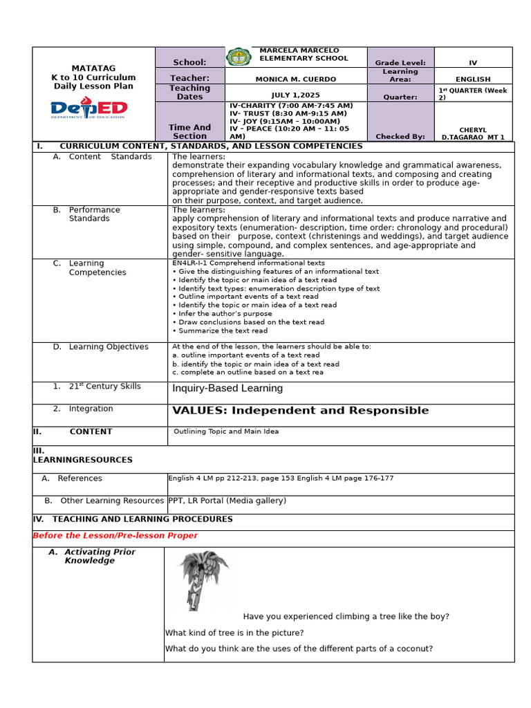 Grade 4 English Lesson Plan: Outlining | PDF | Reading Comprehension ...