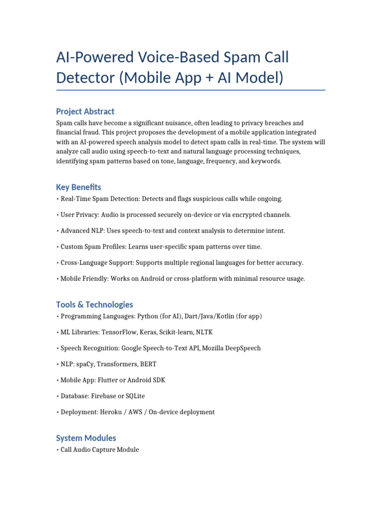 AI Spam Call Detector App | PDF | Speech Recognition | Mobile App