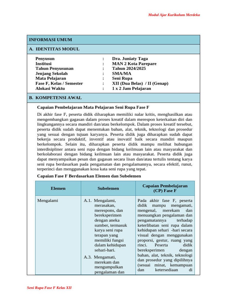 Modul Ajar Seni Rupa Kelas XII 2024 | PDF