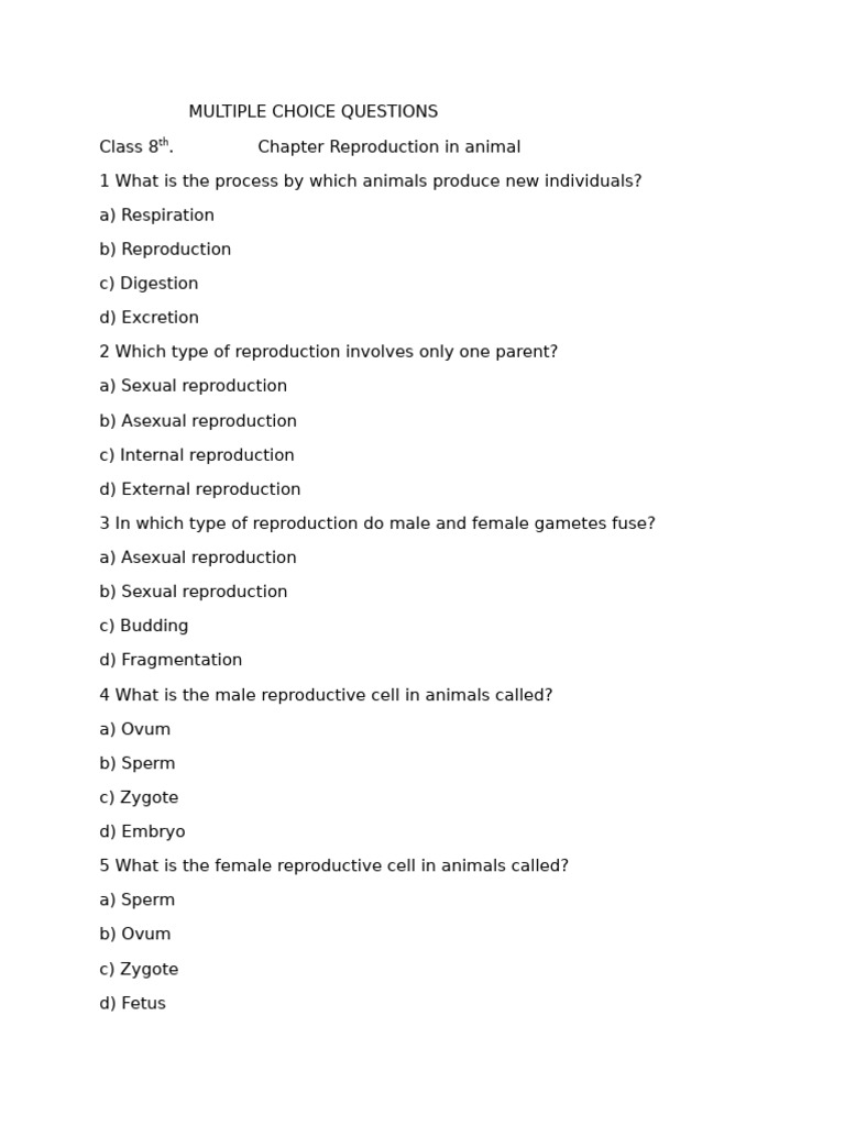 Class 8 Animal Reproduction Quiz | PDF