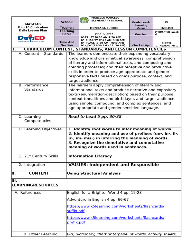 Quarter 1 English Week 4 Day 1 | PDF | Reading Comprehension ...