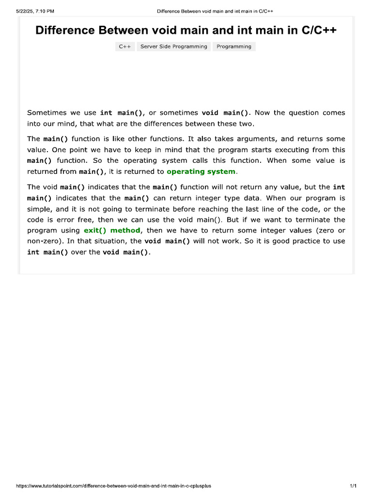 Difference Between Int Main and Void Main | PDF