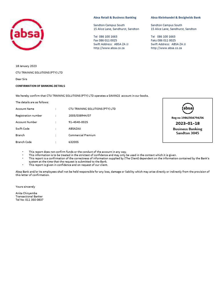 Absa Bank Confirmation of Details | PDF