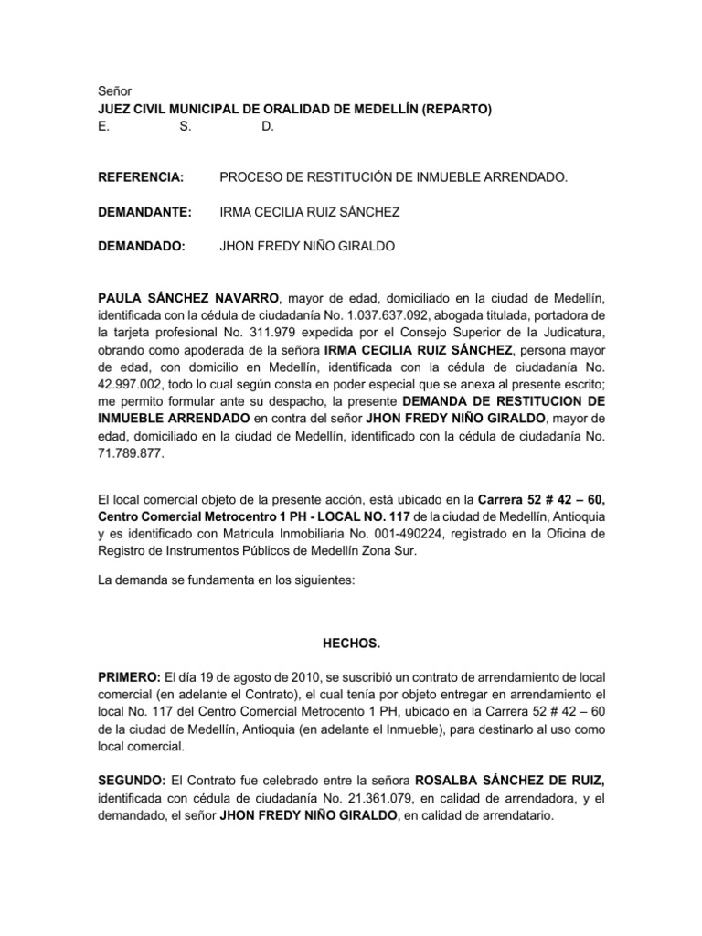 Demanda de Restitución de Inmueble Arrendado | PDF | Daños y perjuicios ...