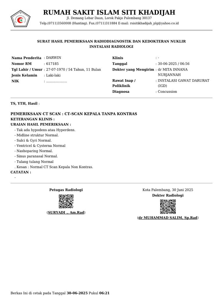 Hasil CT Scan Kepala Normal - RS Islam Siti Khadijah | PDF