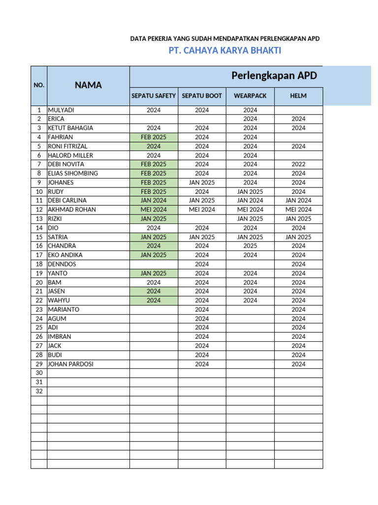 Data APD Pekerja PT Cahaya Karya | PDF