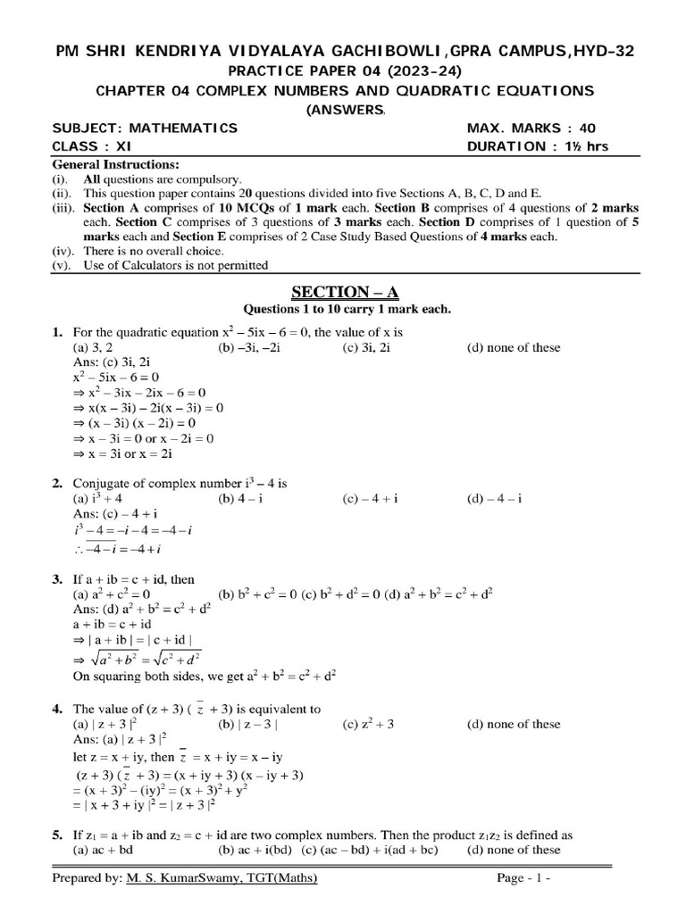 Maths Class Xi Chapter 04 Complex Numbers Practice Paper 04 Answers | PDF