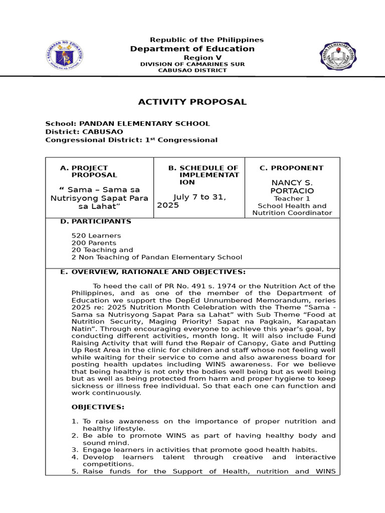 Nutrition Month Proposal for Pandan School | PDF | Learning