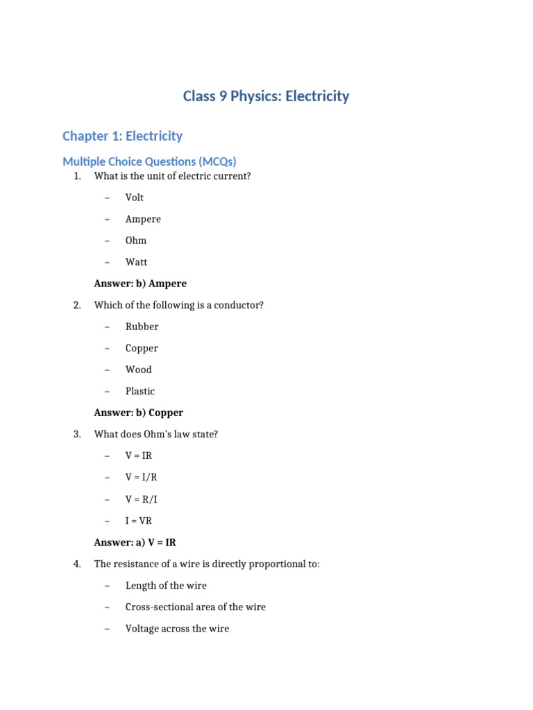 Class 9 Physics: Electricity MCQs & SAQs | PDF | Series And Parallel ...