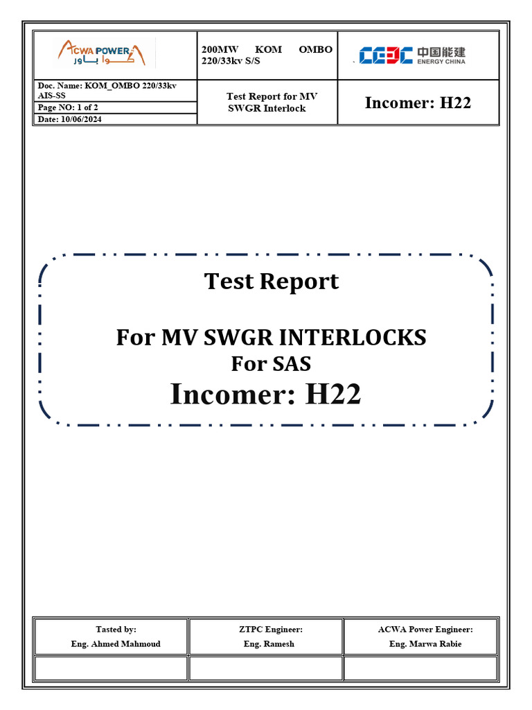 MV SWGR Interlock Test Report 220/33kV | PDF
