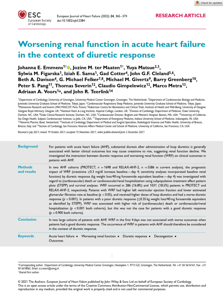 Diuretic Response and Renal Function in AHF | PDF | Creatinine | Heart ...