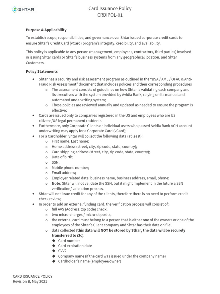 Shtar Corporate Credit Card Policy | PDF | Credit Card | Social ...