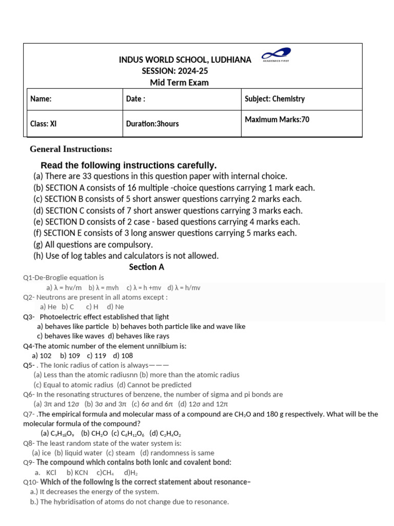 Class 11 Chemistry Mid Term Exam 2024-25 | PDF | Proton | Atoms