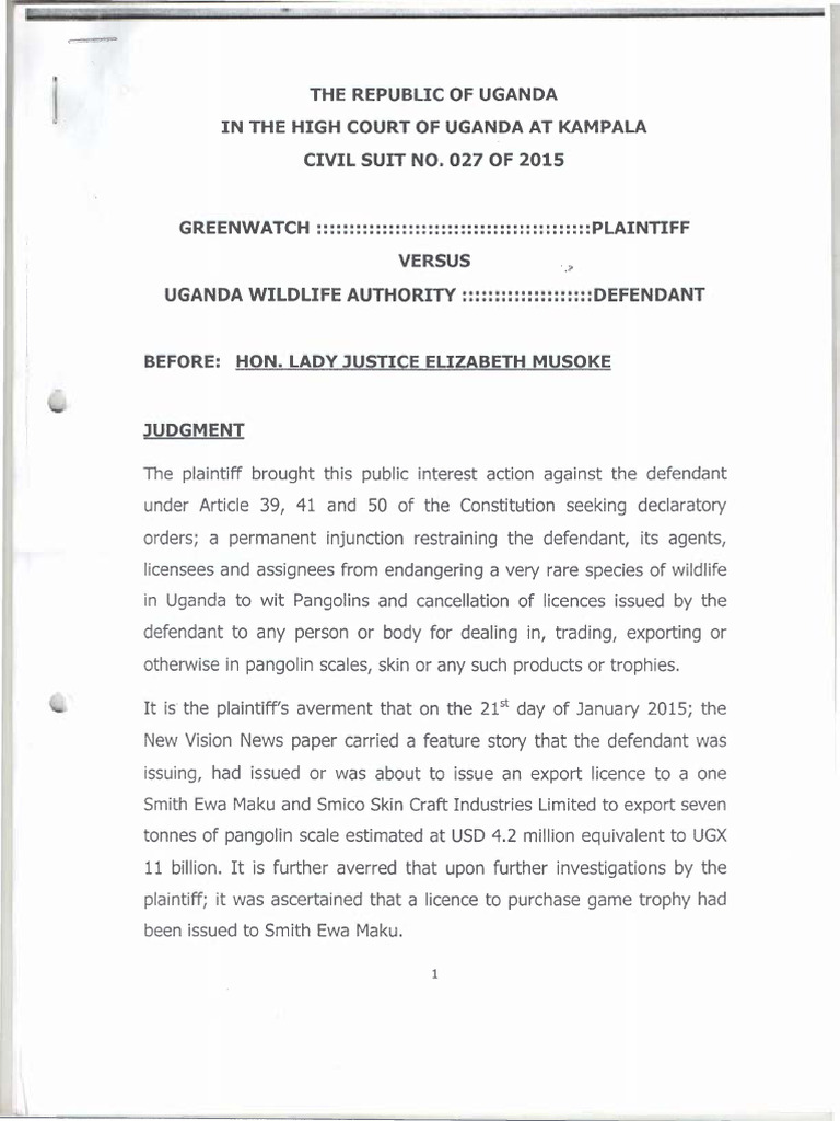 Uganda High Court Pangolin Case Judgment | PDF | Lawsuit | Constitution