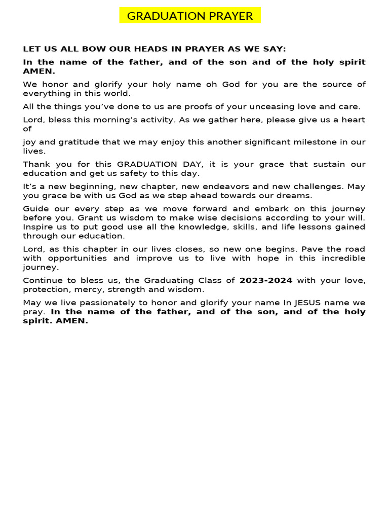 Graduation Prayer and Welcome Speech | PDF | Prayer | Spirituality