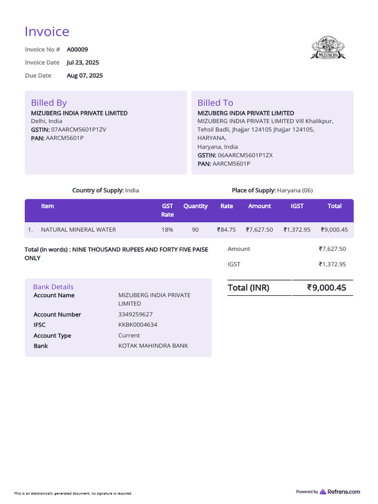 Invoice a00009 Mizuberg India Private Limited Mizuberg India Private Limited | PDF | Invoice ...