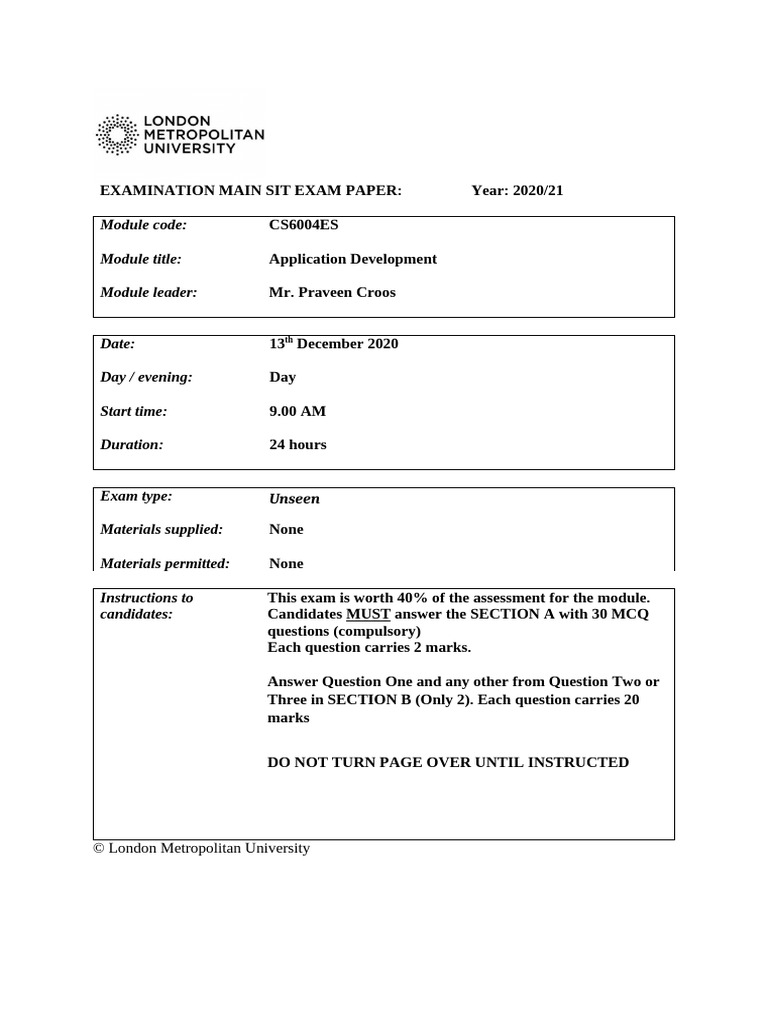 2020/21 CS6004ES Exam Paper | PDF | Inheritance (Object Oriented ...