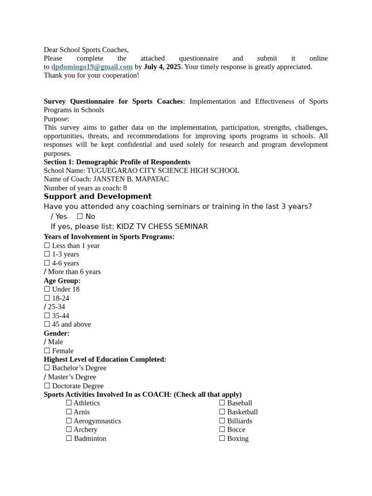 Survey Questionnaire For Sports Coaches | PDF | Sports | Mental Health