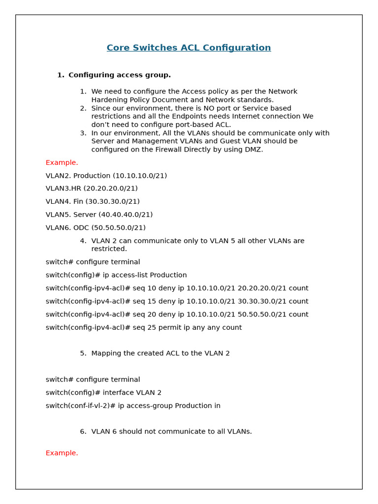 Core Switches ACL Configuration | PDF